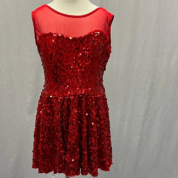 strapless open back dress Sequin Ribbon Scoop Neck Ballerina Dress – Red main image 1